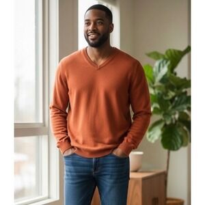 Men's V-Neck Sweater Cotton Cashmere Blend Washable Soft Orange Size XL